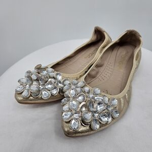 Gold Embellished Crystal Pointed Toe Flats Women’s 37 | Slip-On Ballet Flats